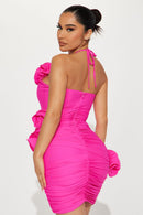 Rana Rose Ruched Mini Dress - Neon Pink