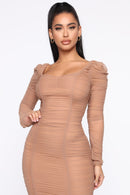 Did You Mesh Me Ruched Midi Dress - Nude