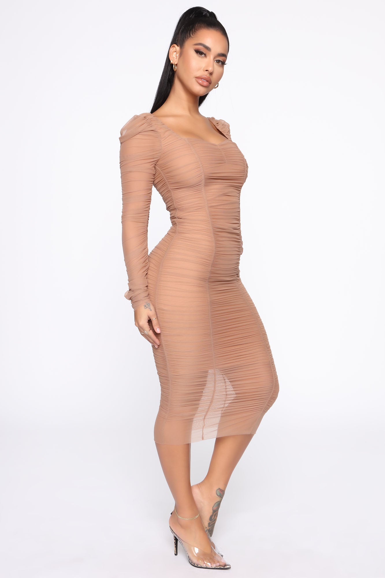 Did You Mesh Me Ruched Midi Dress - Nude