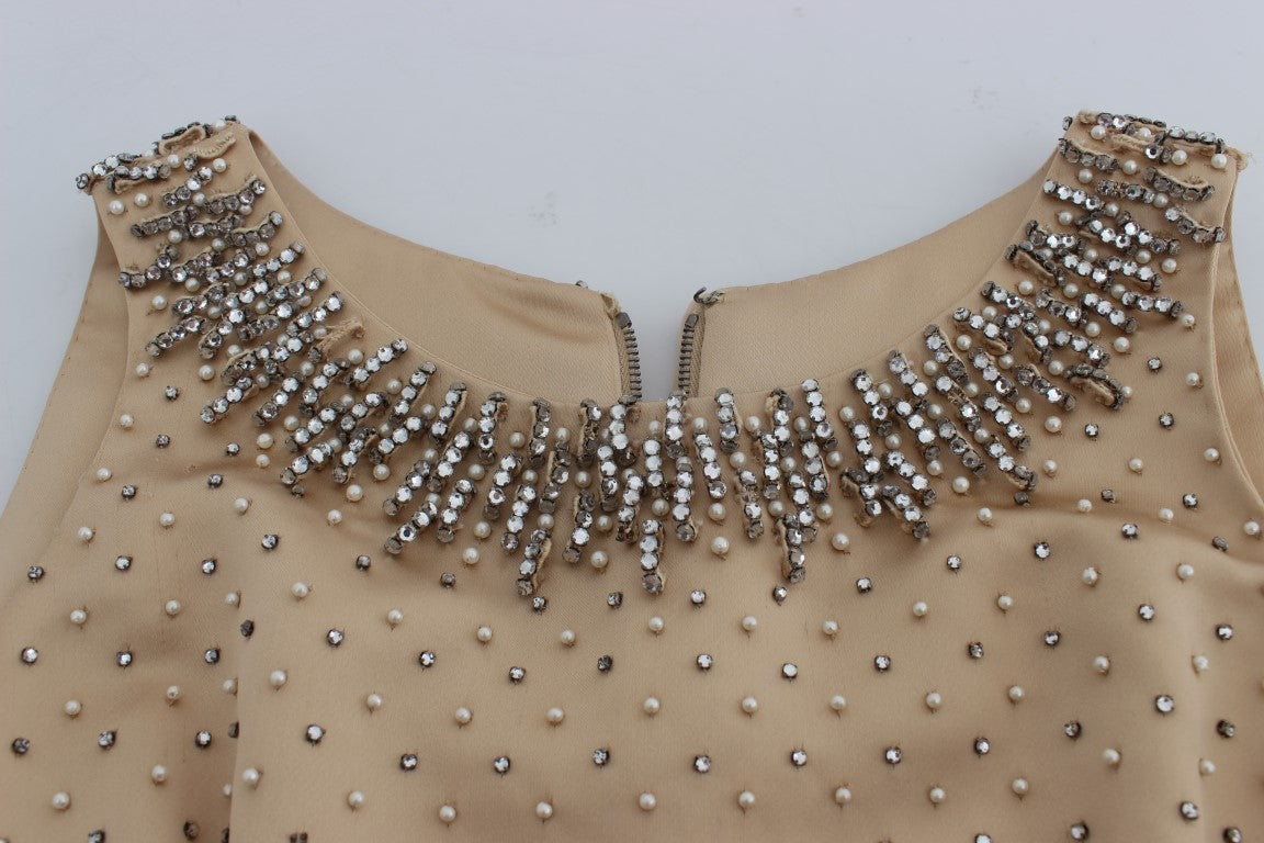 Beige Crystal Embellished Gown Shift Dress