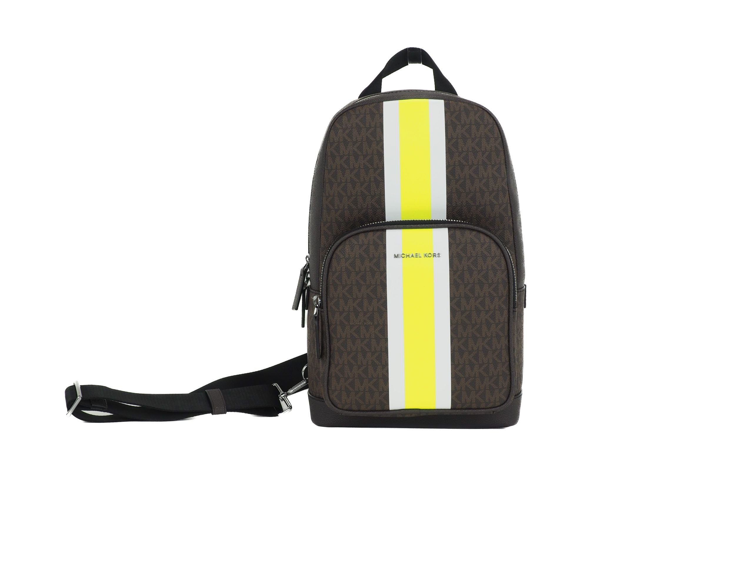 Michael Kors Cooper Medium Signature PVC Varsity Stripe Commuter Slingpack Crossbody Bag (Brown Signature/Neon)