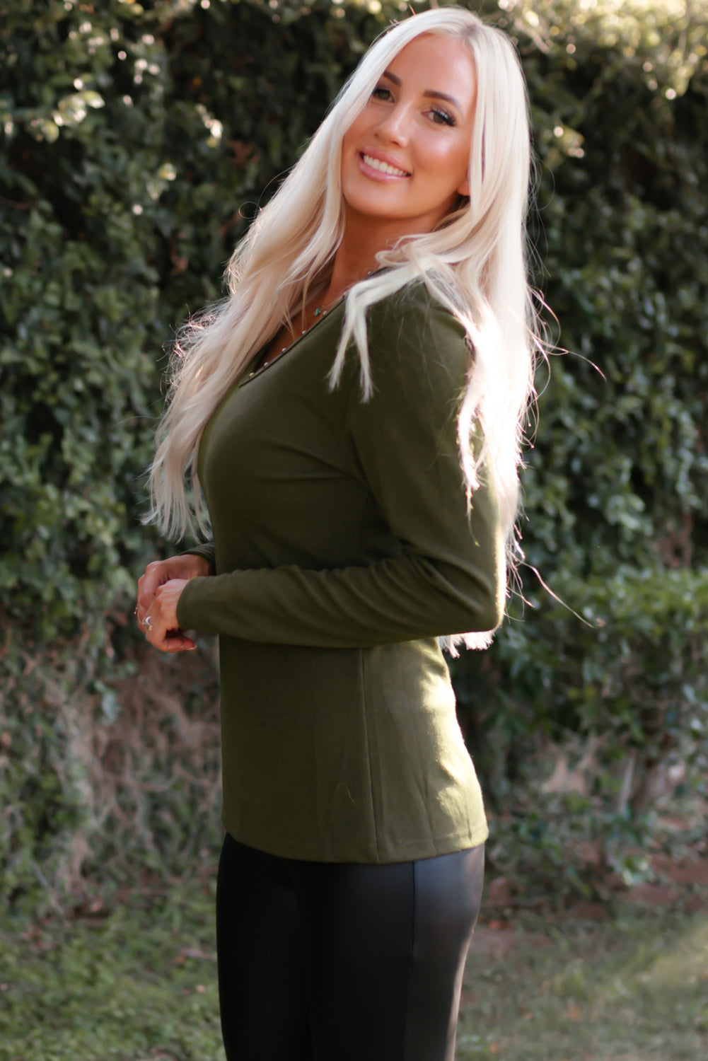 Studded Grommet V-Neck Long Sleeve Top - Cicis Boutique