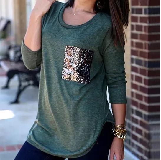 Tunic Top With Sequined Pocket V-neck T-shirt - Cicis Boutique
