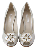 White Crystals Peep Toe Heels Satin Pumps Shoes