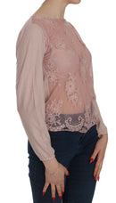 Pink Lace See Through Long Sleeve Blouse