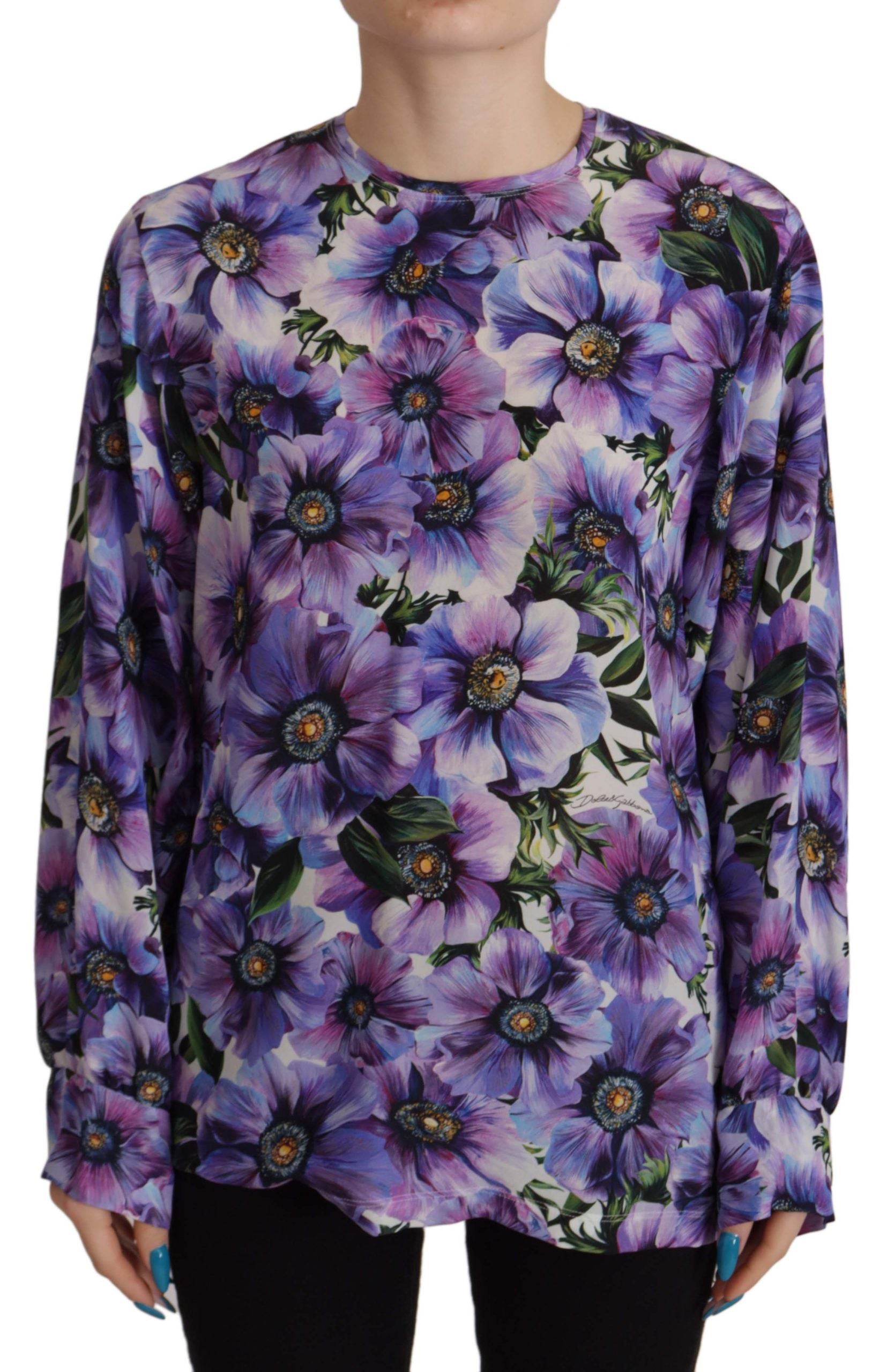 Purple Floral Silk Long Sleeve Top Blouse
