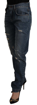Blue Denim Baroque Heart Logo Patch Pants Jeans