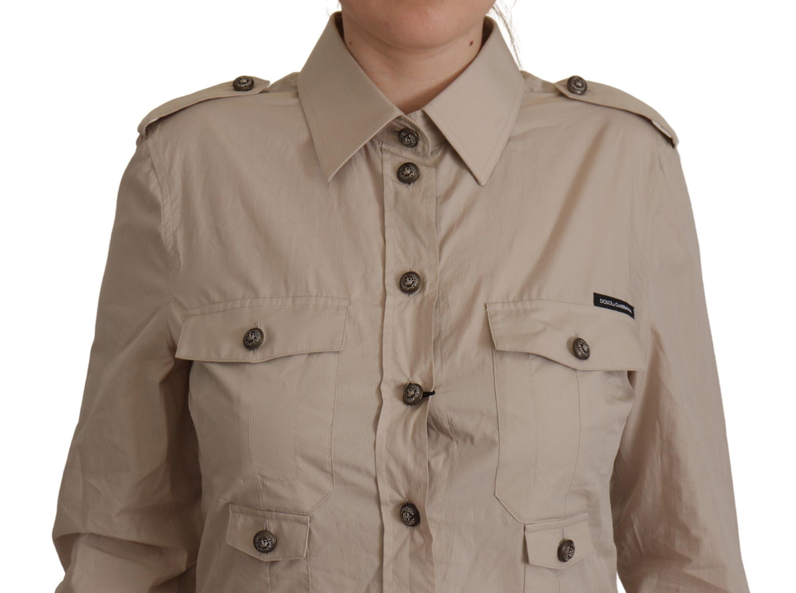 Beige Poplin Safari Fitted Pocket Collared Shirt