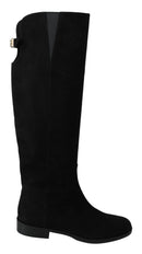 Black Suede Knee High Flat Boots Shoes