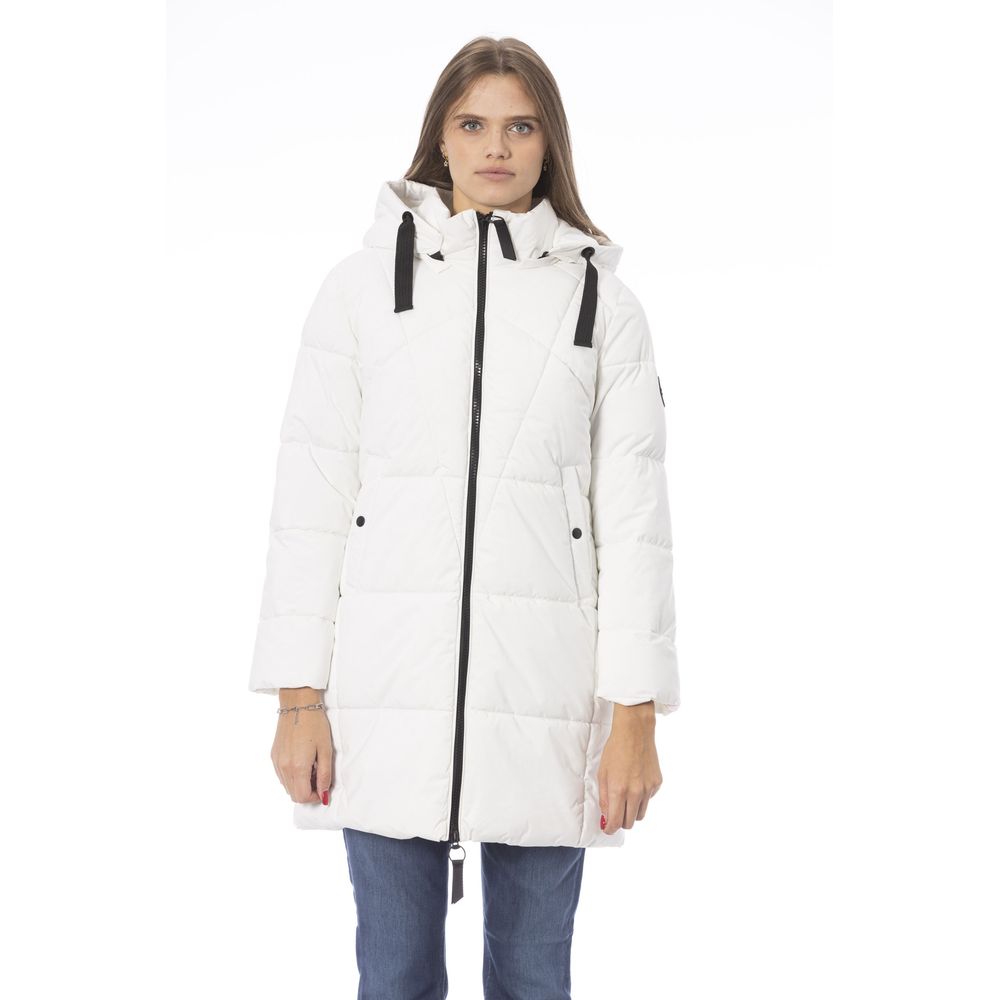 Baldinini Trend Elegant White Long Down Jacket with Monogram Detail