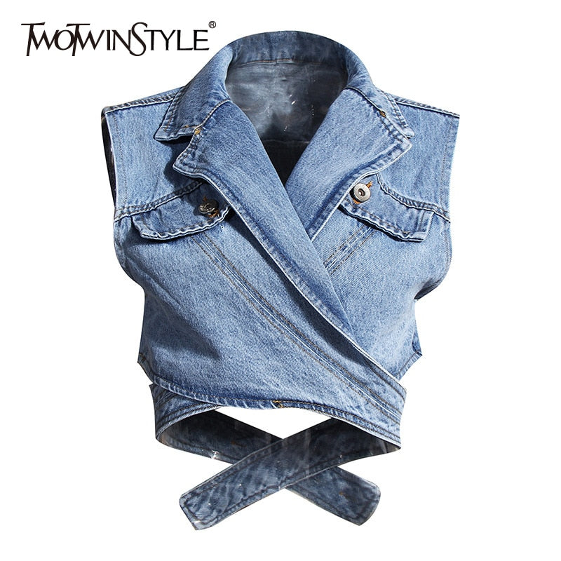Two Twinstyle Irregular Cross Denim Coat For Women - Cicis Boutique