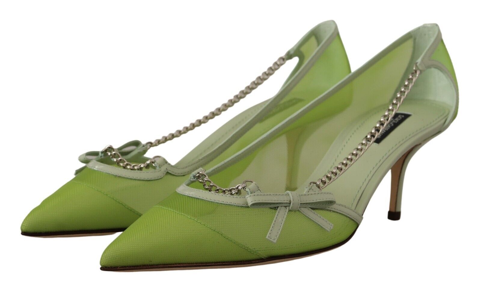 Green Mesh Leather Chains Heels Pumps Shoes