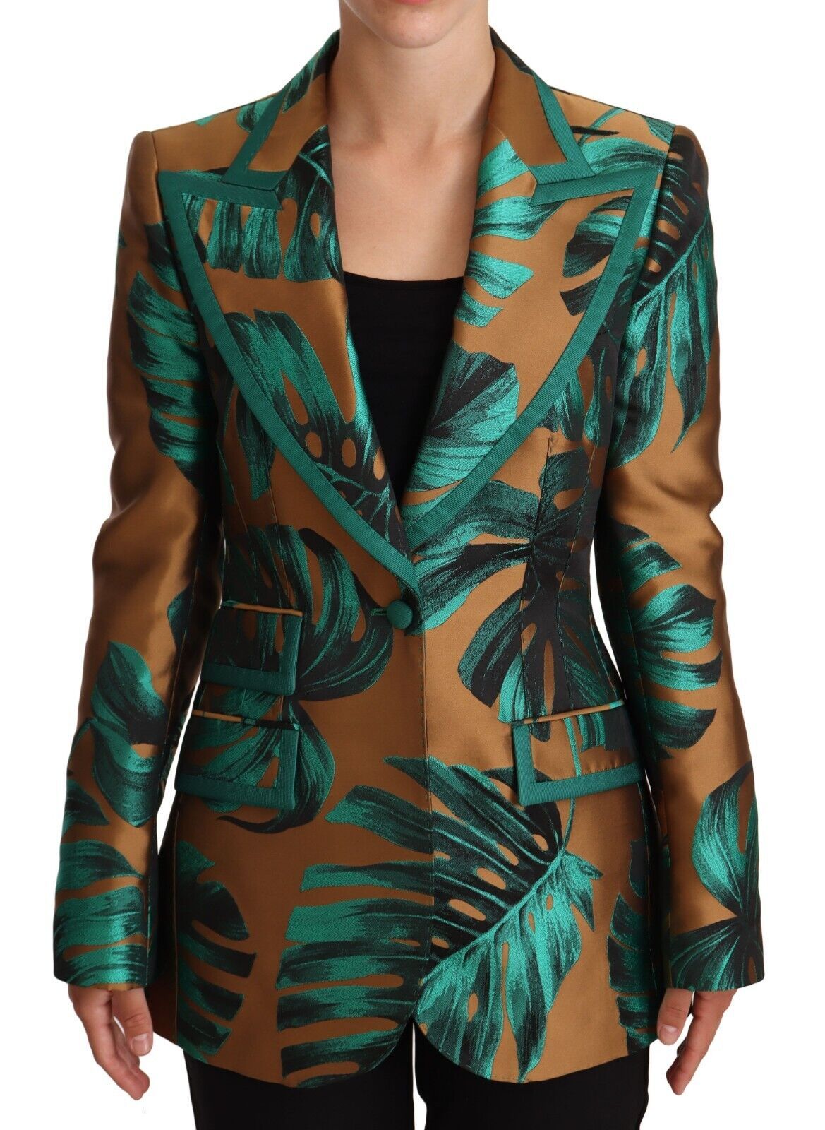Brown Green Leaf Jacquard Coat Jacket
