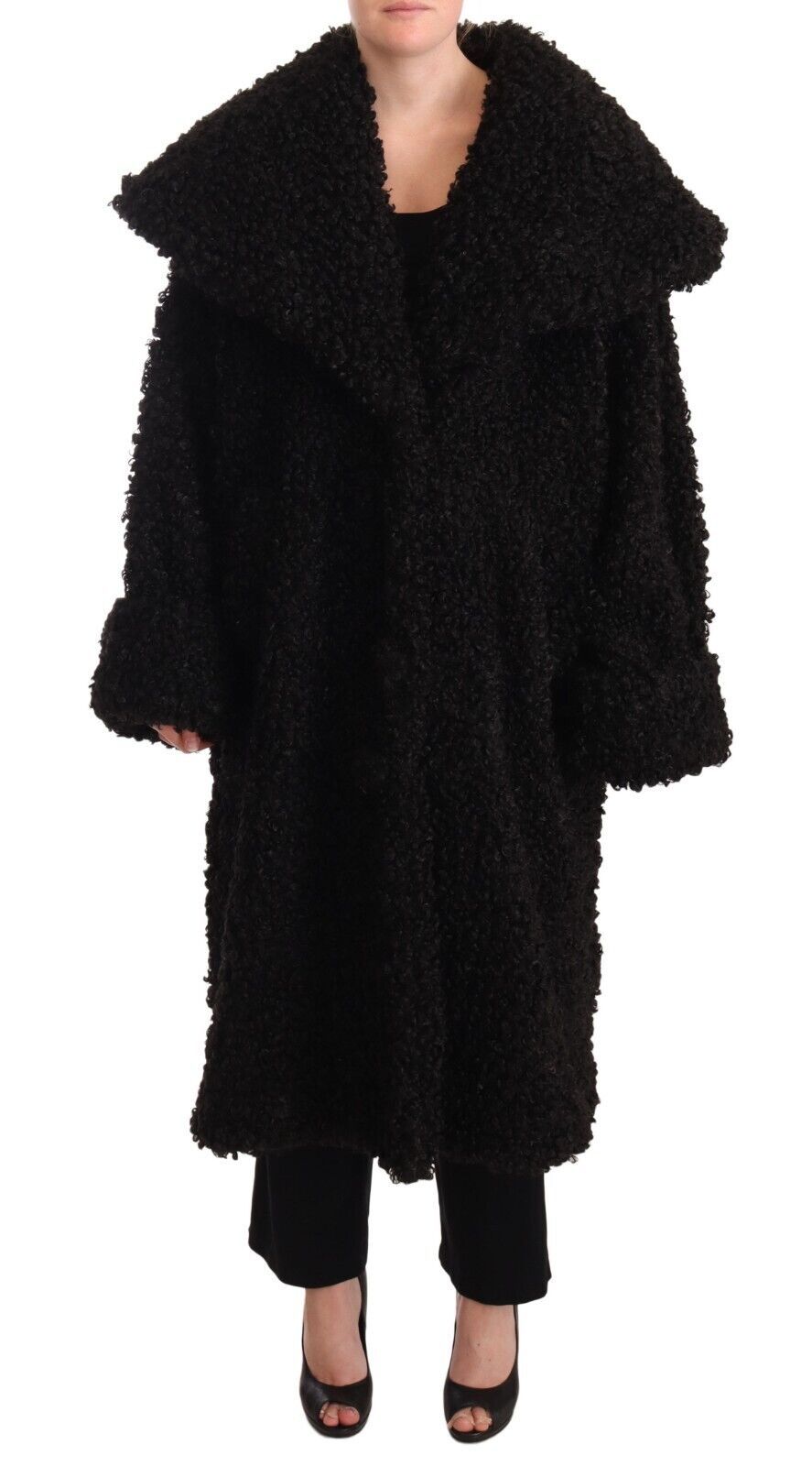 Black Polyester Fur Trench Coat Jacket