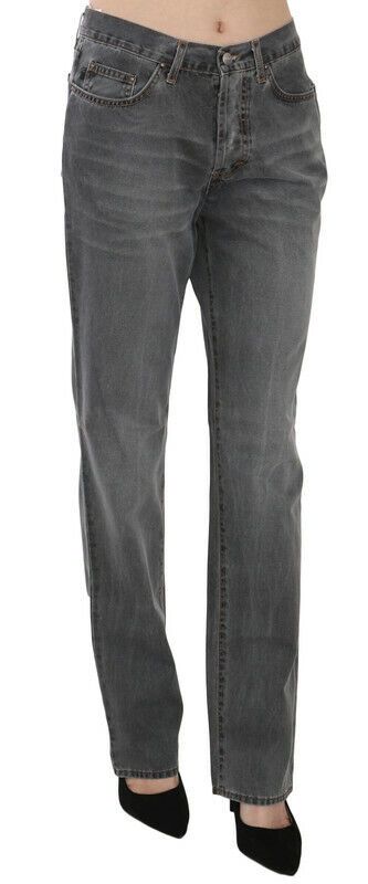 Gray Washed Mid Waist Straight Denim Pants Jeans