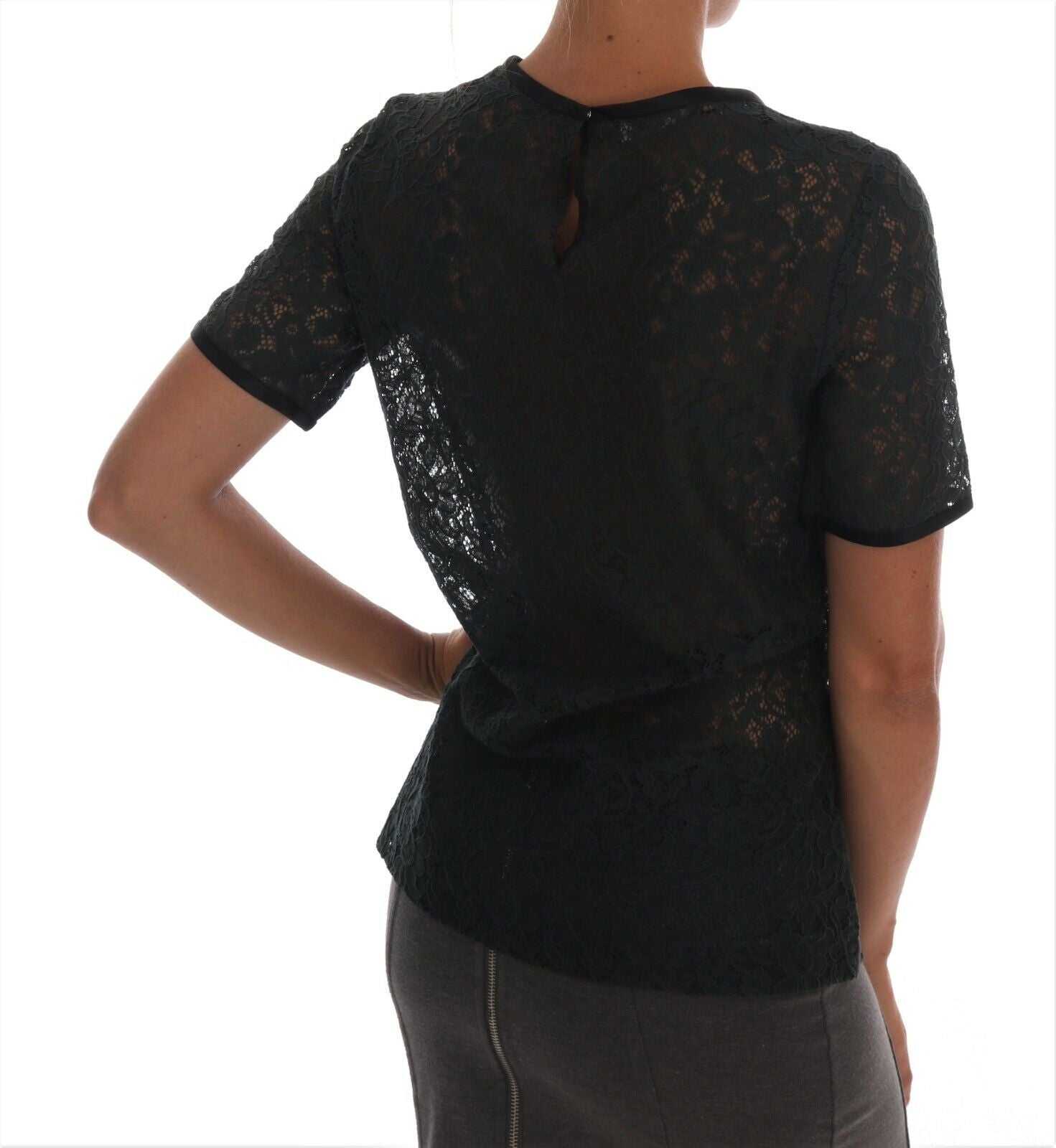 Dark Green Cotton Floral Lace Round Neck Blouse Top