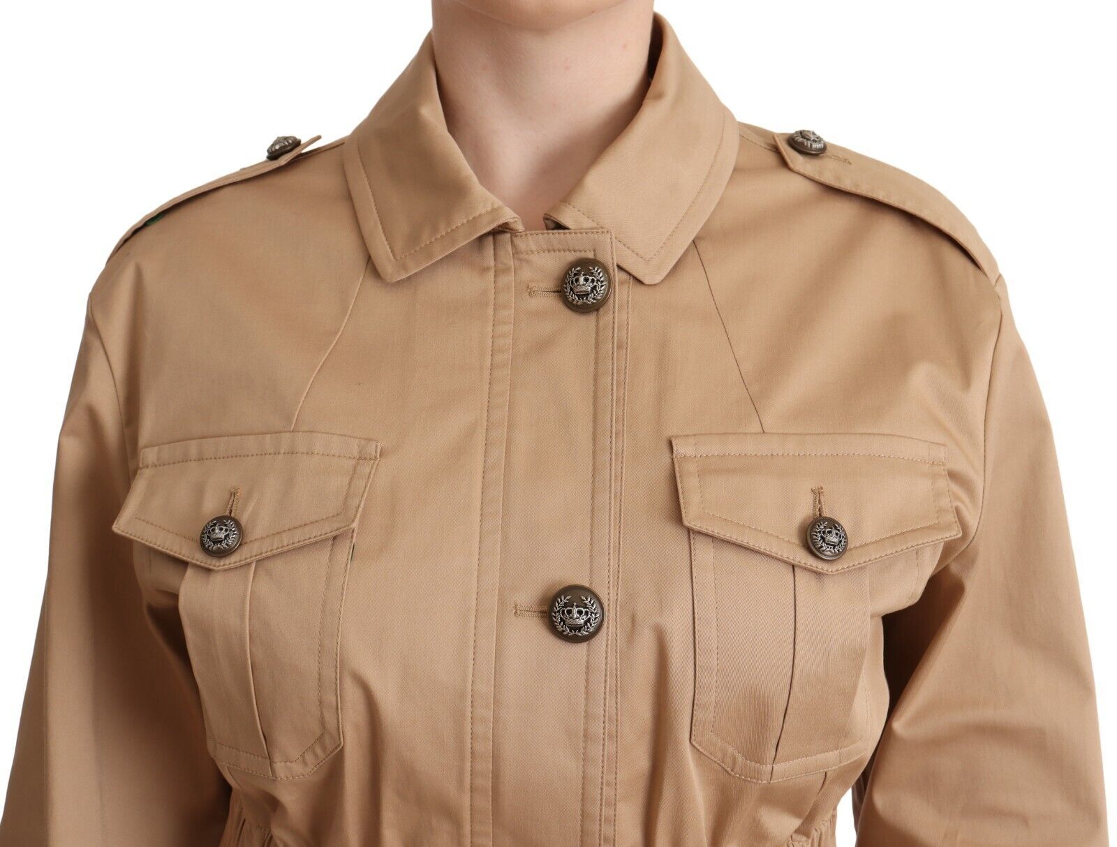 Beige Cotton Long Sleeves Collared Coat Jacket