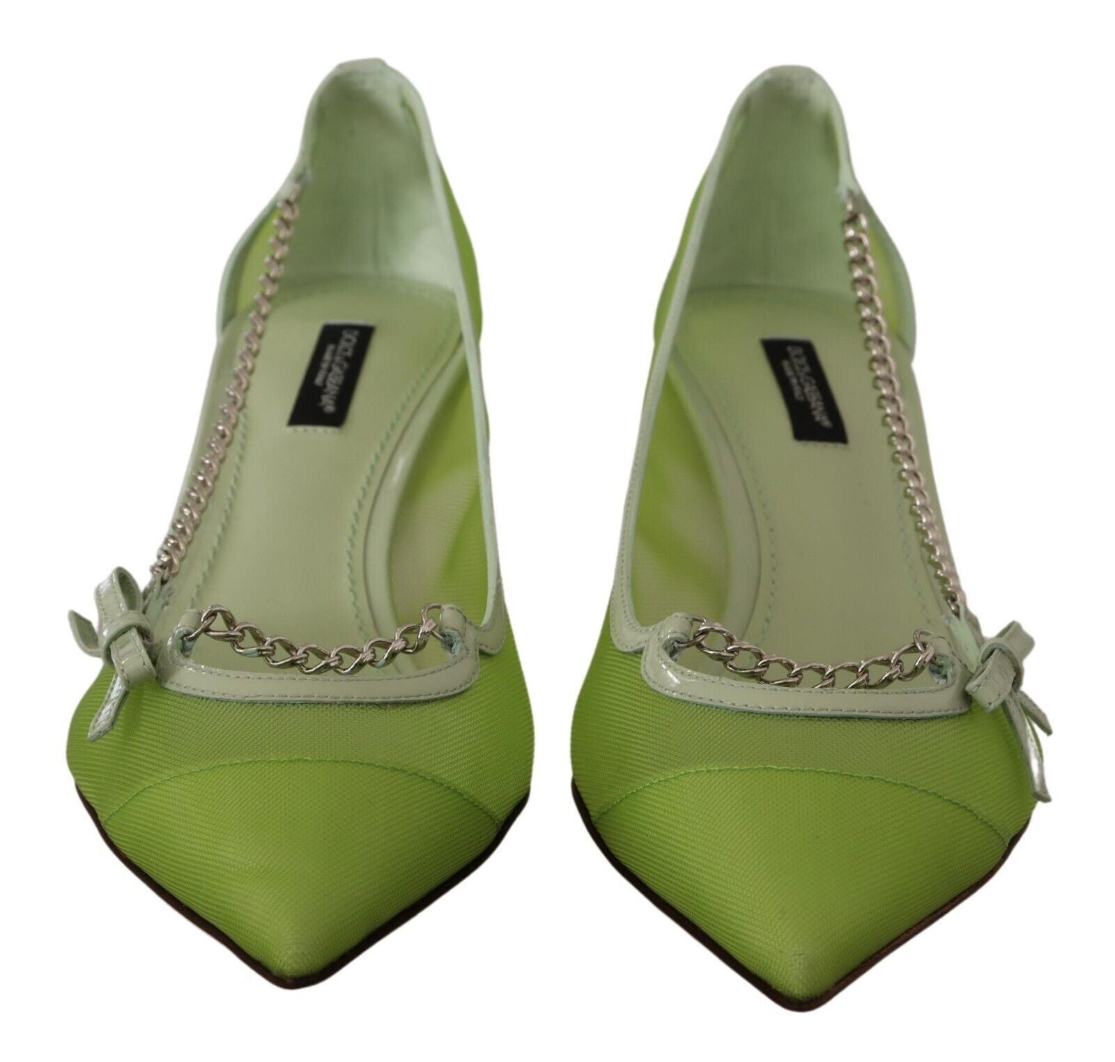 Green Mesh Leather Chains Heels Pumps Shoes