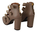 Brown Leather Block Heels Multi Buckle Pumps Shoes