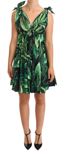 Green Leaves Print Cotton Flared Mini Dress