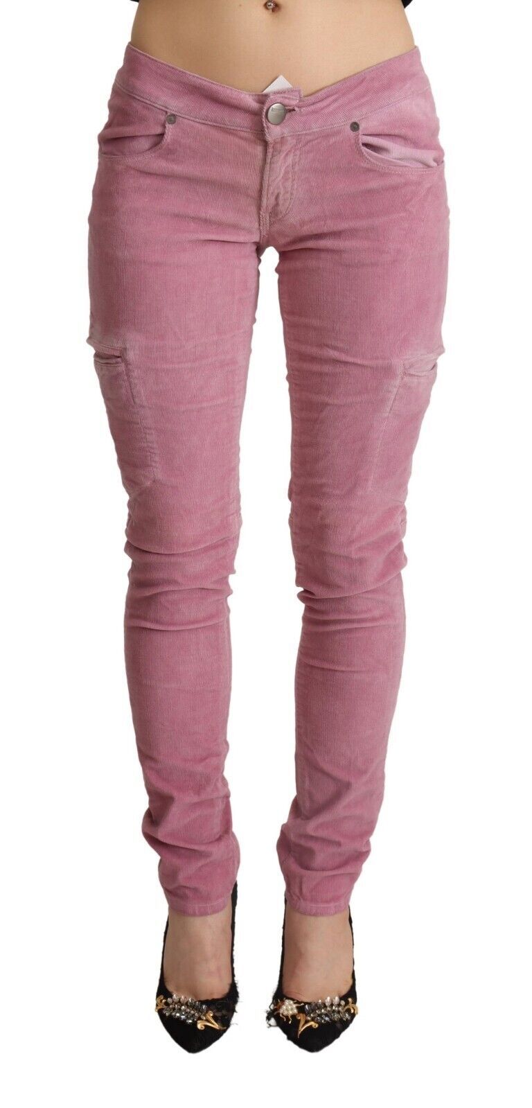 Pink Cotton Low Waist Skinny Denim Cargo Jeans