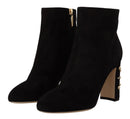 Black Suede Leather Crystal Heels Boots Shoes