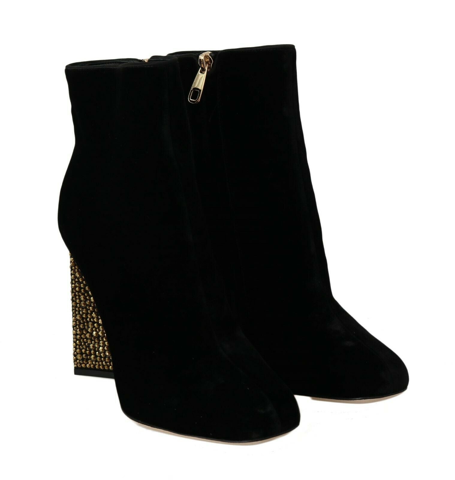 Dolce & Gabbana Black Velvet Crystal Square Heels Shoes