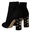 Black Suede Leather Crystal Heels Boots Shoes